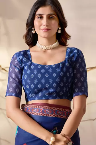 Royal blue soft georgette saree with geometric digital print & contrast border | party wear saree with printed blouse