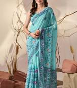 Aqua soft georgette saree with tribal floral digital print & tassel pallu with contrast blouse