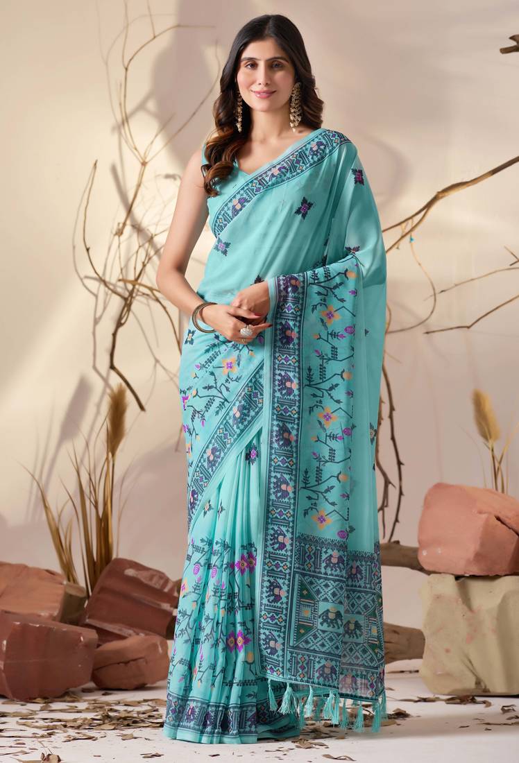Aqua soft georgette saree with tribal floral digital print & tassel pallu with contrast blouse
