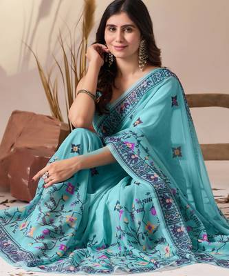 Aqua soft georgette saree with tribal floral digital print & tassel pallu with contrast blouse 3
