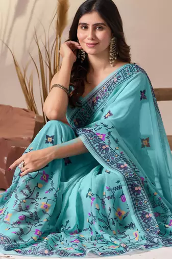 Aqua soft georgette saree with tribal floral digital print & tassel pallu with contrast blouse