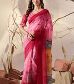 Light pink soft georgette floral digital print saree with contrast designer pallu & ruffle sleeve blouse