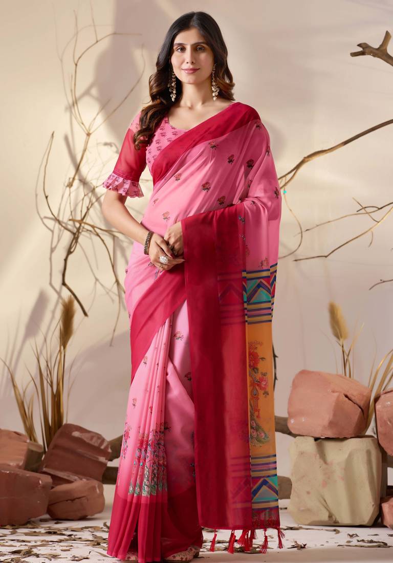 Light pink soft georgette floral digital print saree with contrast designer pallu & ruffle sleeve blouse