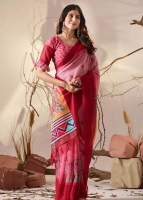 Light pink soft georgette floral digital print saree with contrast designer pallu & ruffle sleeve blouse 2