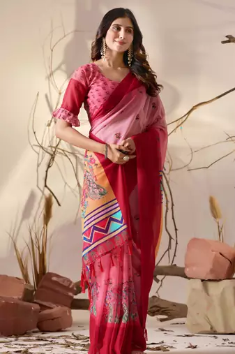 Light pink soft georgette floral digital print saree with contrast designer pallu & ruffle sleeve blouse