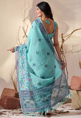 Aqua soft georgette saree with tribal floral digital print & tassel pallu with contrast blouse 4
