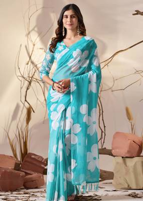Aqua georgette saree with oversized floral digital print & tassel pallu | lightweight printed saree with blouse 1