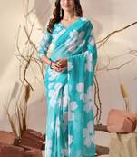 Aqua georgette saree with oversized floral digital print & tassel pallu | lightweight printed saree with blouse
