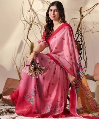 Light pink soft georgette floral digital print saree with contrast designer pallu & ruffle sleeve blouse 3