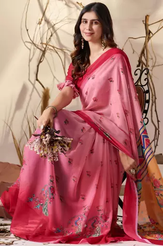 Light pink soft georgette floral digital print saree with contrast designer pallu & ruffle sleeve blouse