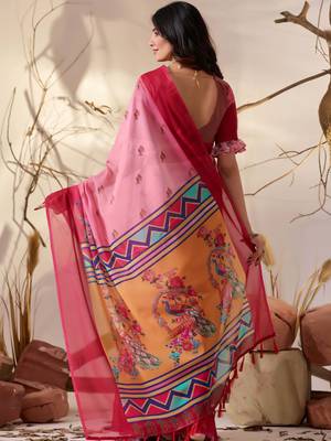 Light pink soft georgette floral digital print saree with contrast designer pallu & ruffle sleeve blouse 4