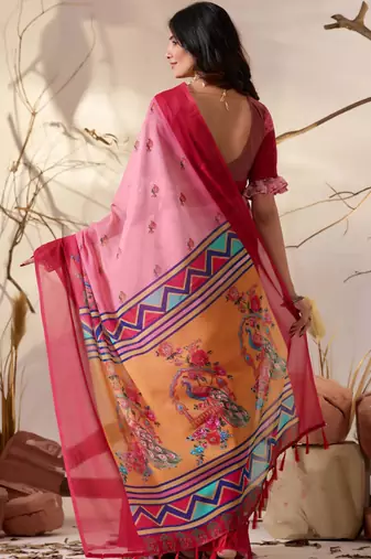Light pink soft georgette floral digital print saree with contrast designer pallu & ruffle sleeve blouse