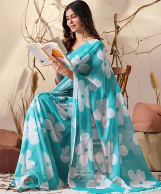 Aqua georgette saree with oversized floral digital print & tassel pallu | lightweight printed saree with blouse 3
