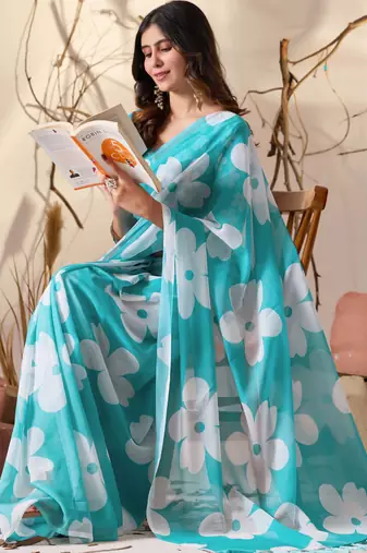 Aqua georgette saree with oversized floral digital print & tassel pallu | lightweight printed saree with blouse