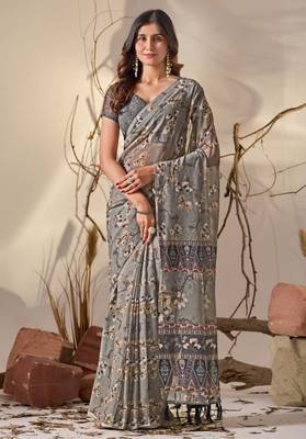 Grey digital print georgette saree with tribal pattern pallu & tassels – printed designer saree with blouse 1