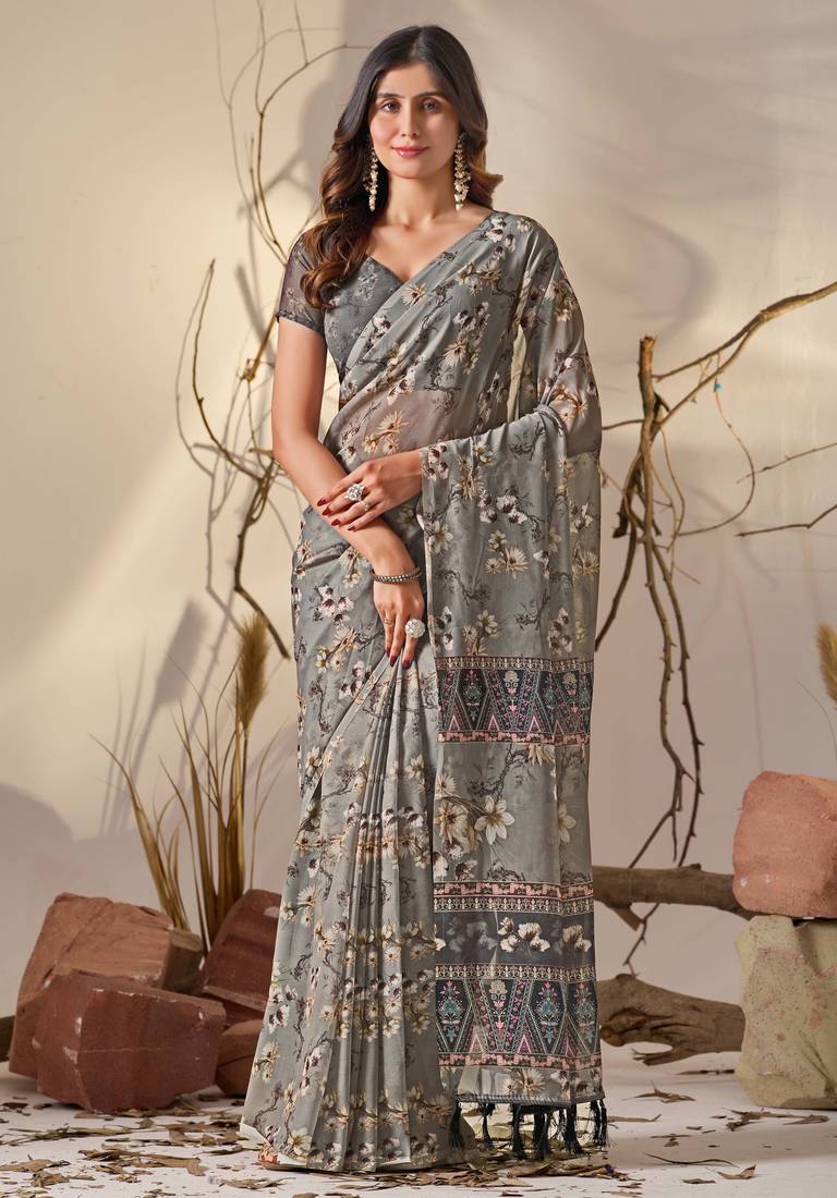 Grey digital print georgette saree with tribal pattern pallu & tassels – printed designer saree with blouse