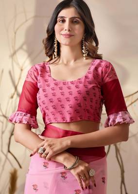 Light pink soft georgette floral digital print saree with contrast designer pallu & ruffle sleeve blouse 5