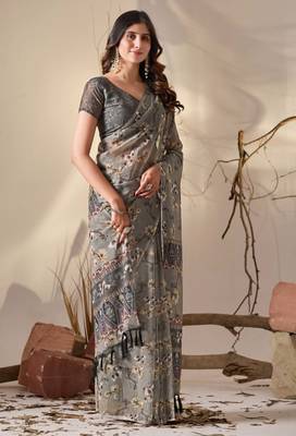 Grey digital print georgette saree with tribal pattern pallu & tassels – printed designer saree with blouse 2