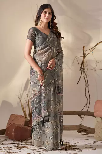 Grey digital print georgette saree with tribal pattern pallu & tassels – printed designer saree with blouse