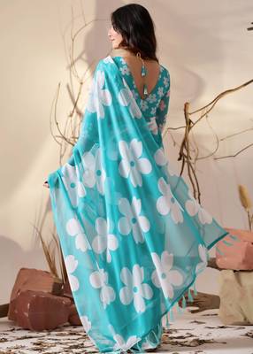 Aqua georgette saree with oversized floral digital print & tassel pallu | lightweight printed saree with blouse 4