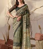 Olive georgette saree with tribal warli digital print, designer contrast border & tassel pallu with printed blouse
