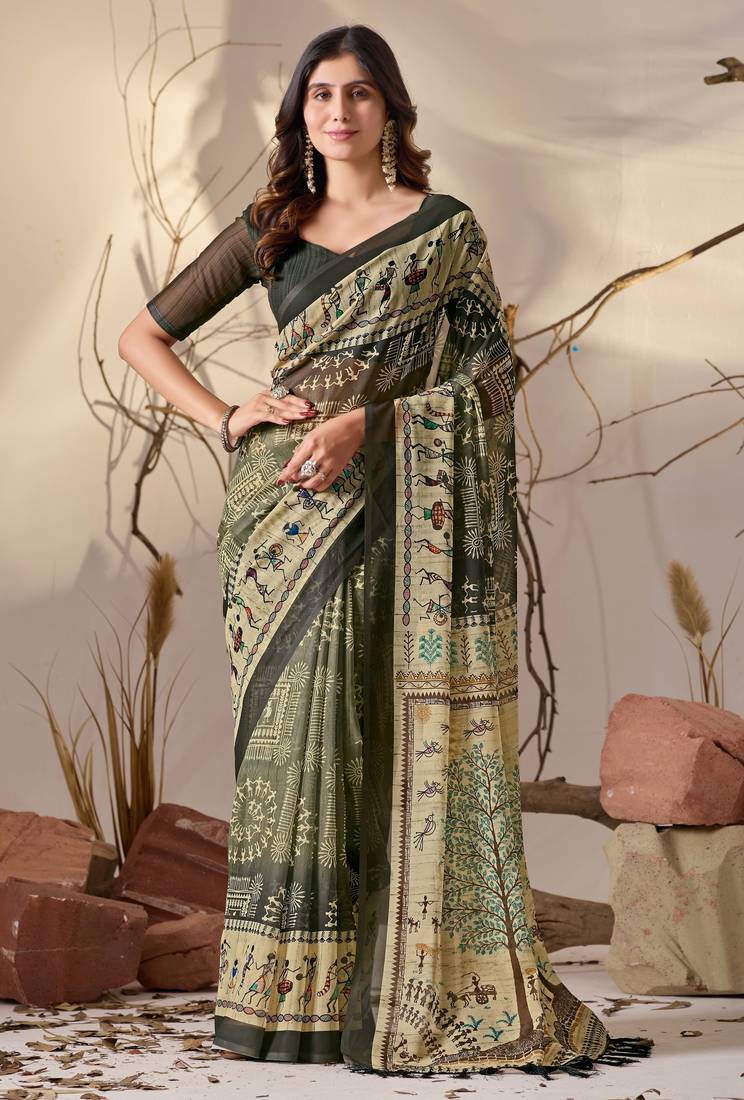 Olive georgette saree with tribal warli digital print, designer contrast border & tassel pallu with printed blouse