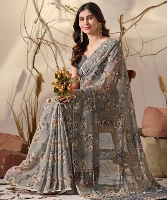 Grey digital print georgette saree with tribal pattern pallu & tassels – printed designer saree with blouse 3