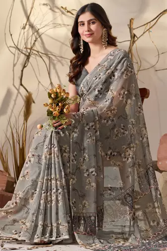Grey digital print georgette saree with tribal pattern pallu & tassels – printed designer saree with blouse