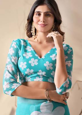 Aqua georgette saree with oversized floral digital print & tassel pallu | lightweight printed saree with blouse 5
