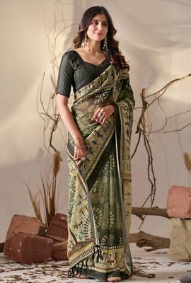 Olive georgette saree with tribal warli digital print, designer contrast border & tassel pallu with printed blouse 2
