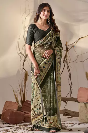 Olive georgette saree with tribal warli digital print, designer contrast border & tassel pallu with printed blouse