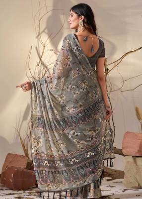 Grey digital print georgette saree with tribal pattern pallu & tassels – printed designer saree with blouse 4