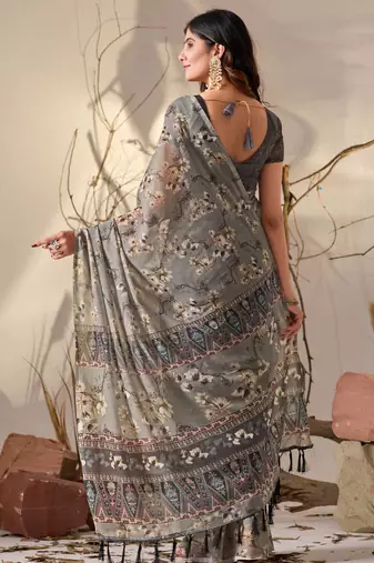Grey digital print georgette saree with tribal pattern pallu & tassels – printed designer saree with blouse