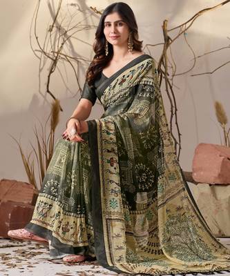 Olive georgette saree with tribal warli digital print, designer contrast border & tassel pallu with printed blouse 3