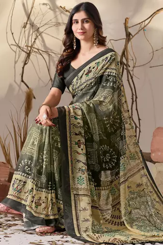 Olive georgette saree with tribal warli digital print, designer contrast border & tassel pallu with printed blouse