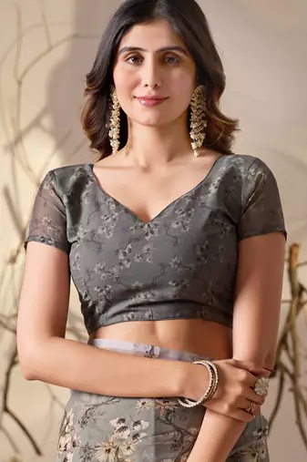 Grey digital print georgette saree with tribal pattern pallu & tassels – printed designer saree with blouse