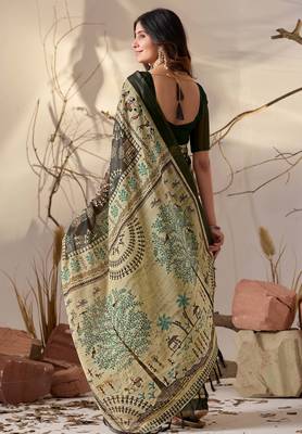 Olive georgette saree with tribal warli digital print, designer contrast border & tassel pallu with printed blouse 4