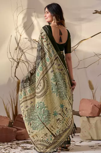 Olive georgette saree with tribal warli digital print, designer contrast border & tassel pallu with printed blouse