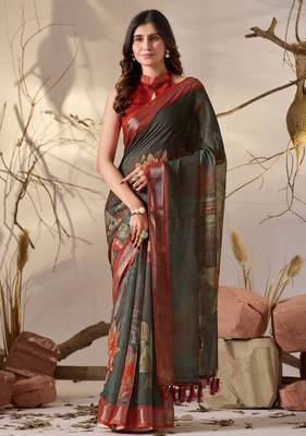 Dark green linen cotton digital floral print saree with artistic border & tassels – printed saree with blouse 1