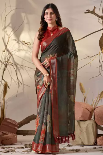 Dark green linen cotton digital floral print saree with artistic border & tassels – printed saree with blouse
