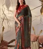 Dark green linen cotton digital floral print saree with artistic border & tassels – printed saree with blouse