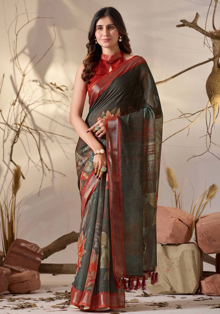 Dark green linen cotton digital floral print saree with artistic border & tassels – printed saree with blouse