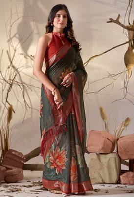 Dark green linen cotton digital floral print saree with artistic border & tassels – printed saree with blouse 2