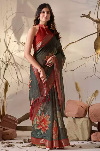 Dark green linen cotton digital floral print saree with artistic border & tassels – printed saree with blouse