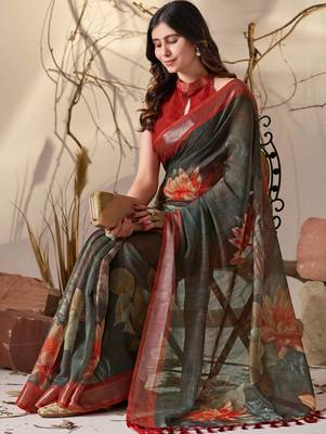Dark green linen cotton digital floral print saree with artistic border & tassels – printed saree with blouse 3