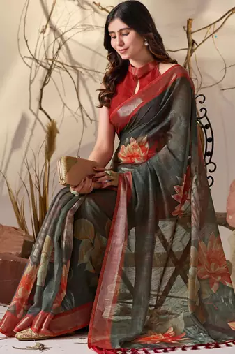 Dark green linen cotton digital floral print saree with artistic border & tassels – printed saree with blouse