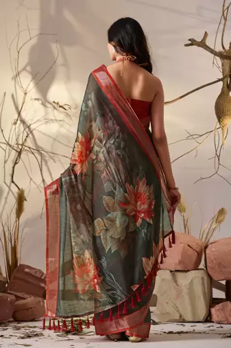 Dark green linen cotton digital floral print saree with artistic border & tassels – printed saree with blouse