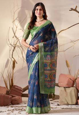 Navy blue linen cotton saree with floral digital print & patola inspired pallu 1