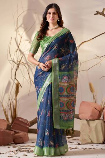 Navy blue linen cotton saree with floral digital print & patola inspired pallu