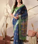 Navy blue linen cotton saree with floral digital print & patola inspired pallu
